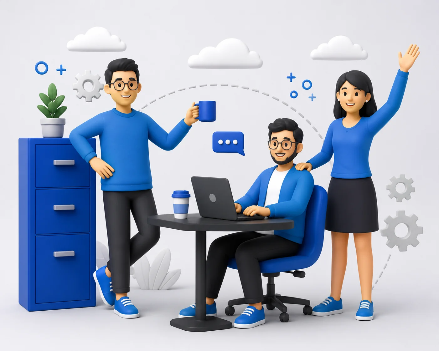 Equipe 3D trabalhando junta no escritório