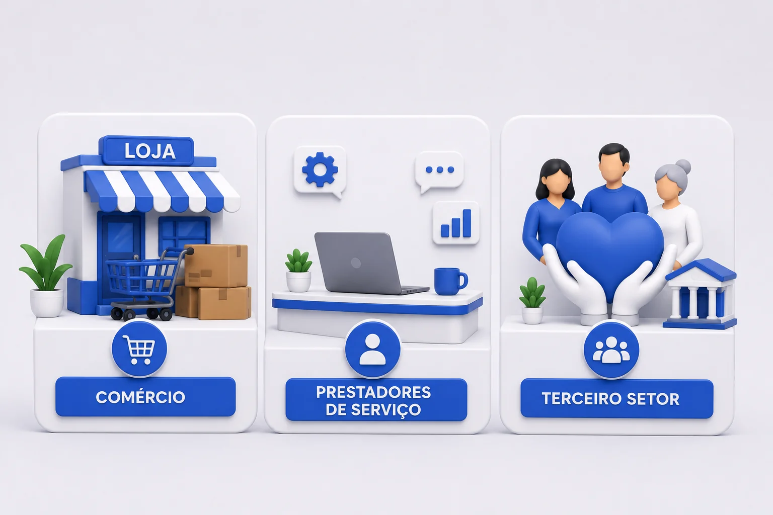 Três cartões 3D representando prestadores de serviço, comércio e terceiro setor