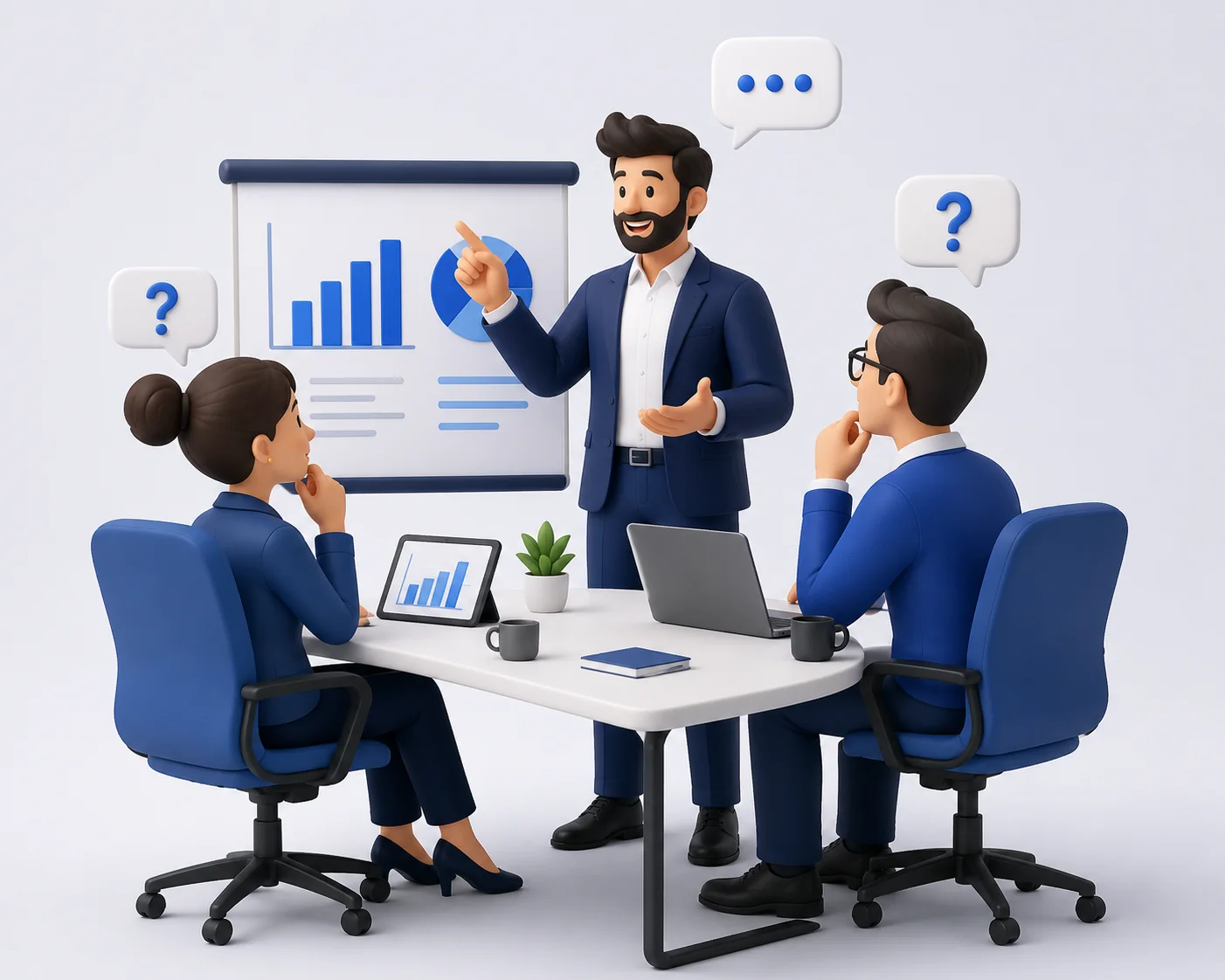Consultor 3D apresentando gráficos para clientes em reunião