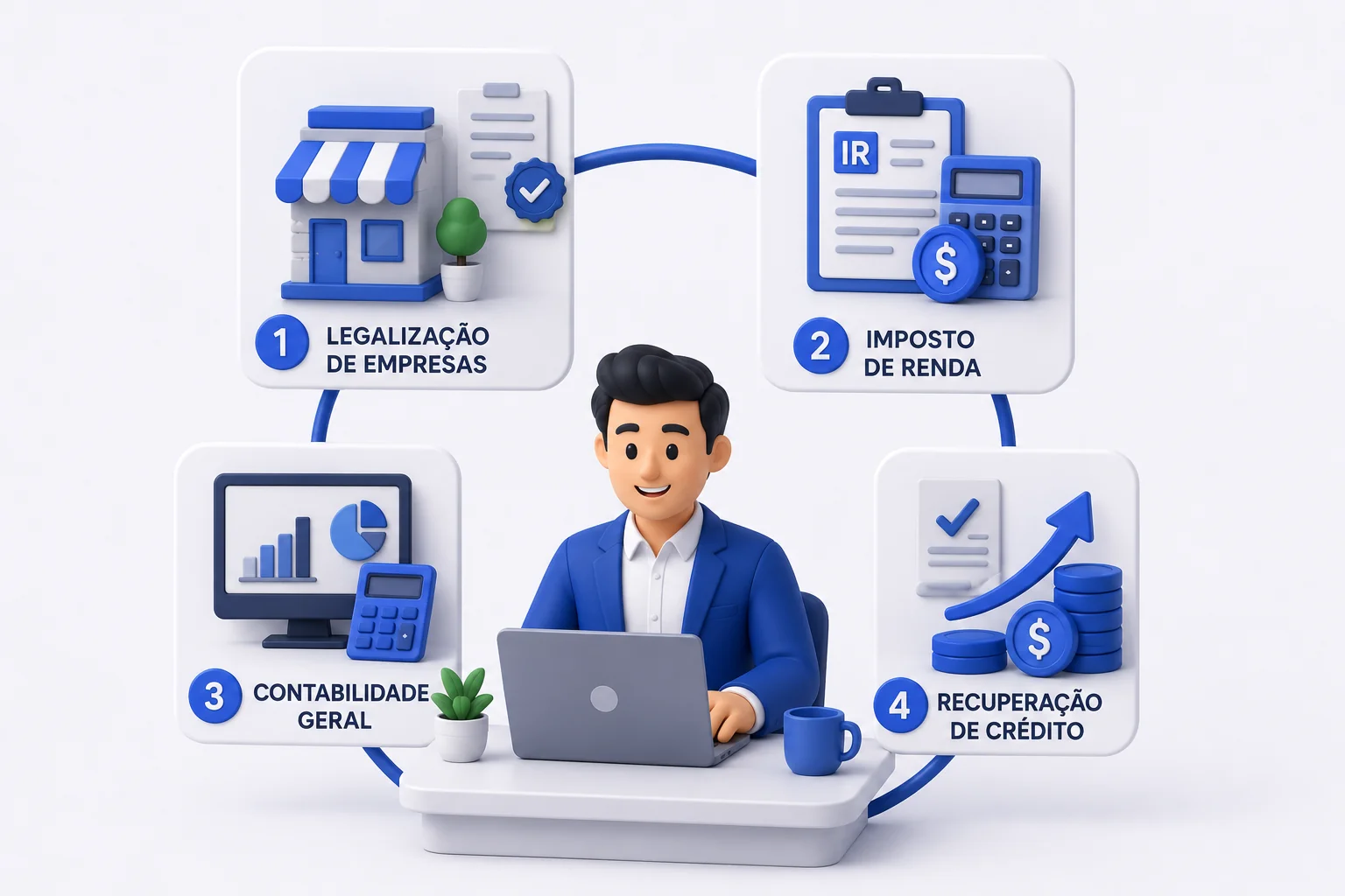 Contador 3D no notebook cercado pelos quatro serviços: legalização de empresas, imposto de renda, contabilidade geral e recuperação de crédito